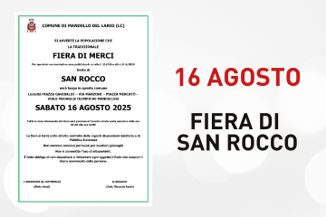L'immagine riporta il seguente testo "SI AVVERTE LA POPOLAZIONE CHE LA TRADIZIONALEFIERA DI MERCI
Per operatori commerciali su aree pubbliche di cui alla L. 114/98 e alla L.R. 6/2010 Detta di SAN ROCCO
avrà luogo in questo comune Località PIAZZA GARIBALDI – VIA MANZONI – PIAZZA MERCATO – VIALE MEDAGLIE OLIMPICHE MANDELLESI
SABATO 16 AGOSTO 2025
Tutta la zona interessata alla fiera sarà preclusa al transito ed alla sosta veicolare dalle ore 06:30 alle ore 20:00
La fiera si terrà sotto stretto controllo delle vigenti disposizioni Sanitarie e di Pubblica Sicurezza
Non saranno concessi permessi per mestieri girovaghi
Non è consentito l’uso di altoparlanti.
È fatto obbligo di non depositare e rimuovere ogni oggetto/rifiuto che ostacoli il libero movimento delle persone.

Firma dell’ASSESSORE AL COMMERCIO	 Silvia Nessi e del Sindaco Dott. Riccardo Fasoli      
